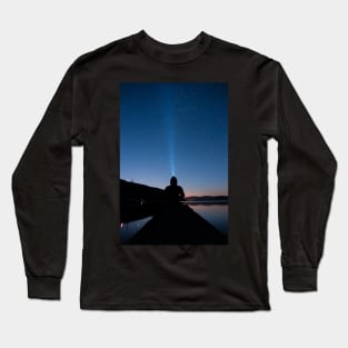 Man Gazing at the Stars by the Lake Long Sleeve T-Shirt